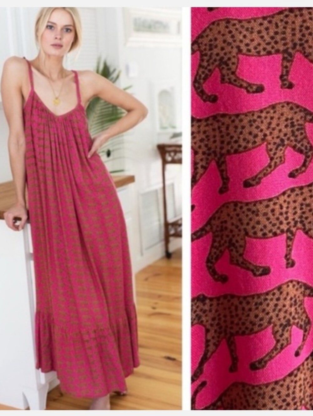 Emerson Fry India Collection Yarrow Leopard Cheetah Block Print Maxi Sun Dress